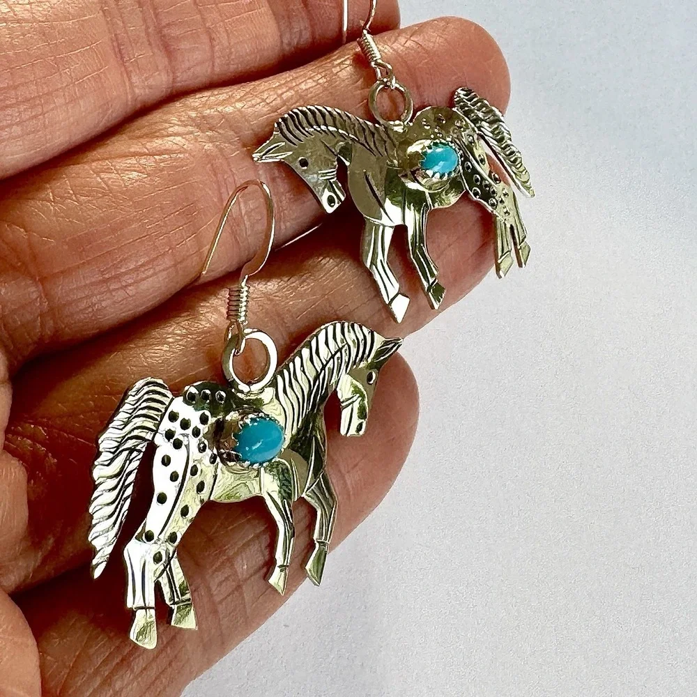 Running Horse Turquoise Navajo‎ Earrings 1.5in Sterling Signed L Yazzie Handmade